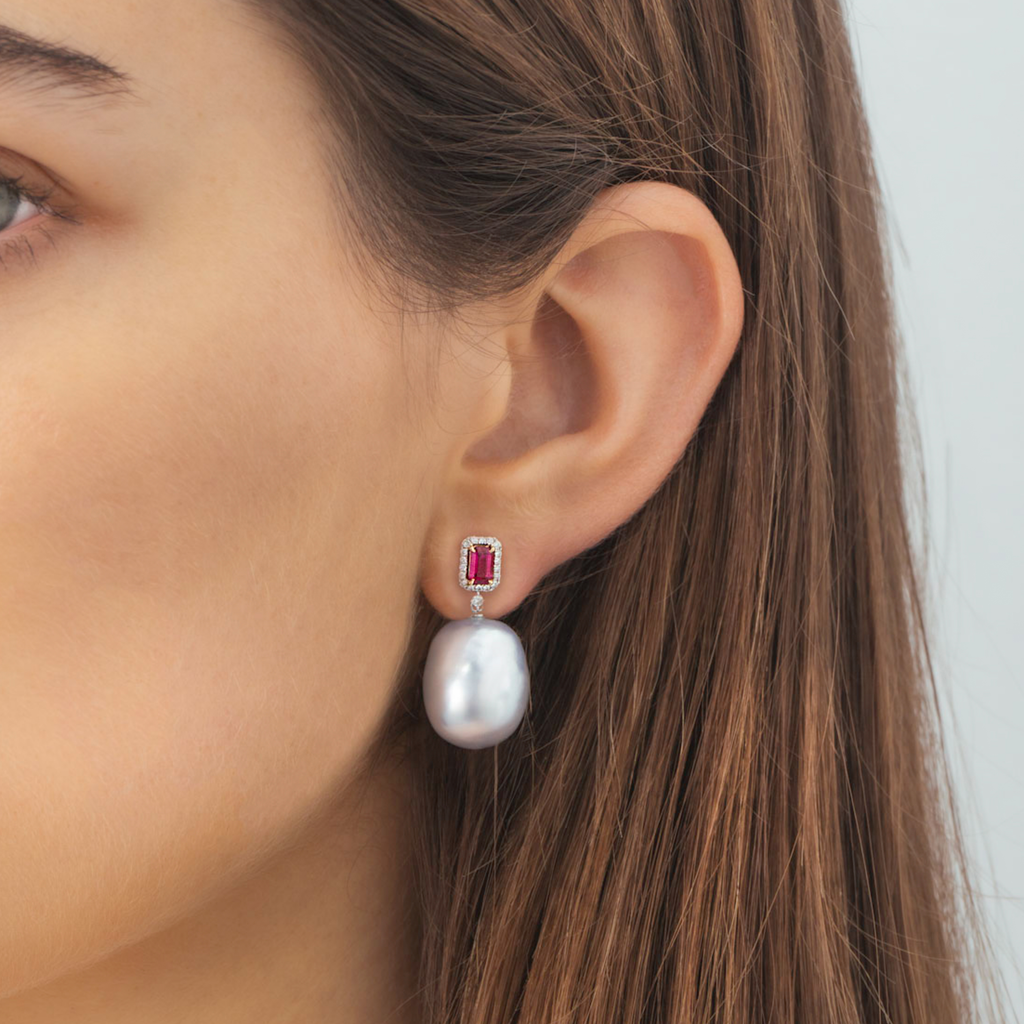 18ct white gold, ruby and South Sea pearl earrings