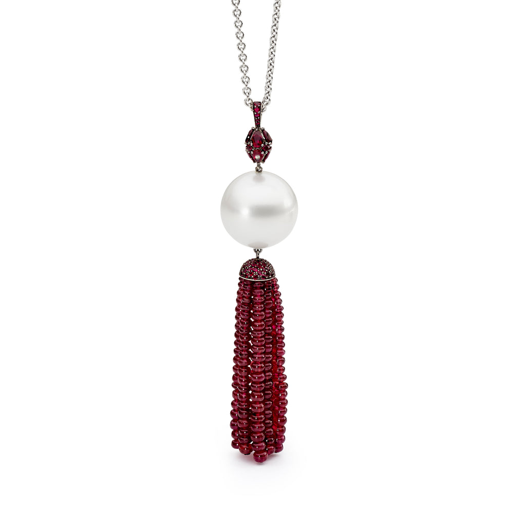 South Sea pearl and ruby tassel pendant by Matthew Ely