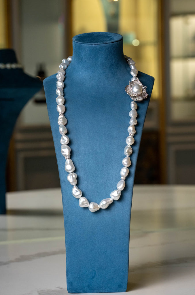 Keshi Pearl & Lotus Flower Argyle PInk & White Diamond Necklace by Matthew Ely