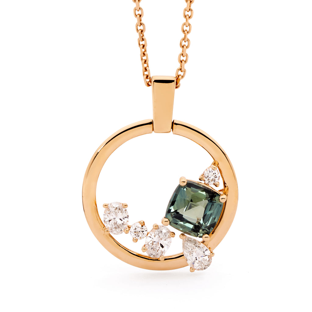 18ct Rose Gold, Teal Sapphire & Diamond Pendant