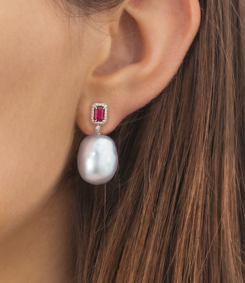 Ruby, Diamond and Baroque South Sea Pearl earrings by Matthew Ely