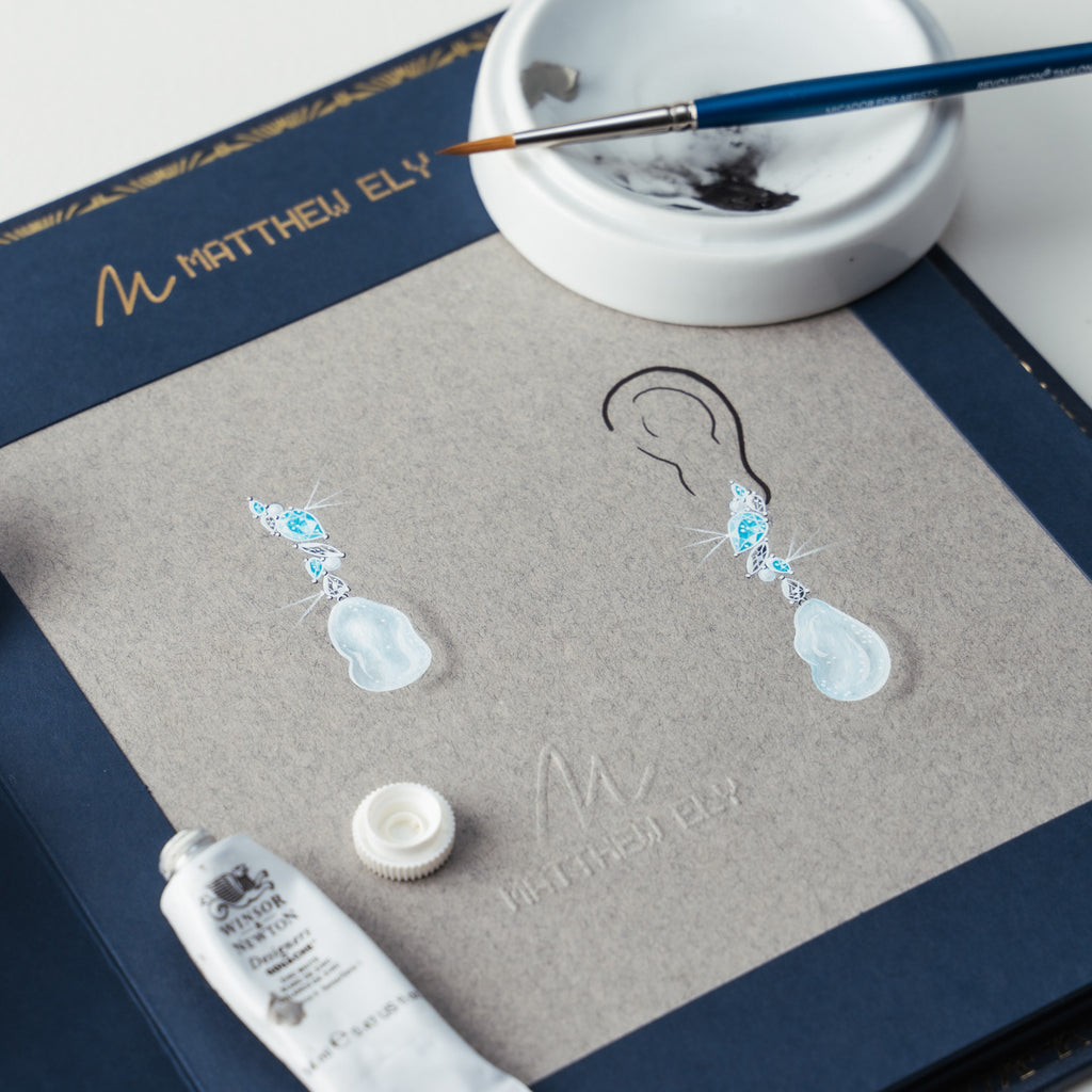 Baroque pearl, aquamarine and diamond earrings by Matthew Ely