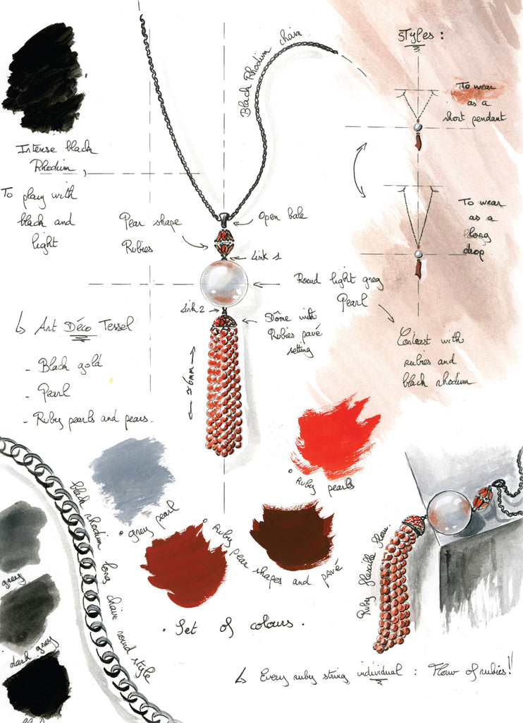 Custom Made Jewellery sketch of Ruby Tassel & Pearl Pendant