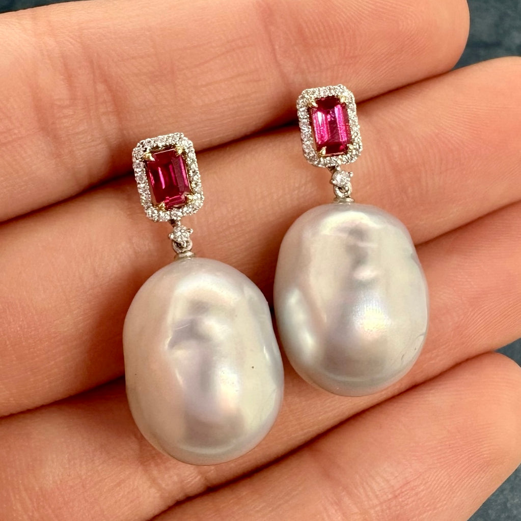 18ct White Gold, Ruby, Diamond & Autore Baroque Pearl Drop Earrings by Matthew Ely