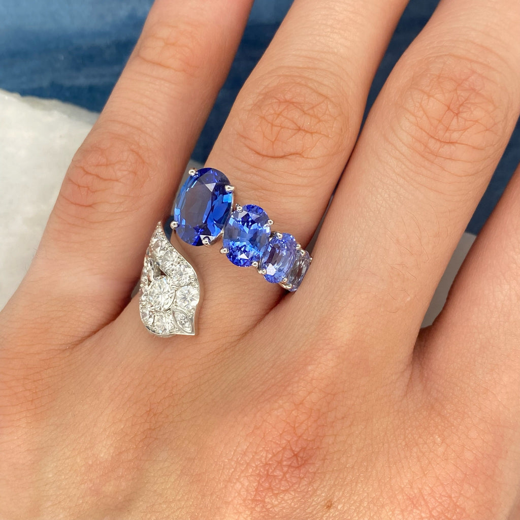 Colour fade sapphire and diamond ring handcrafted by Matthew Ely