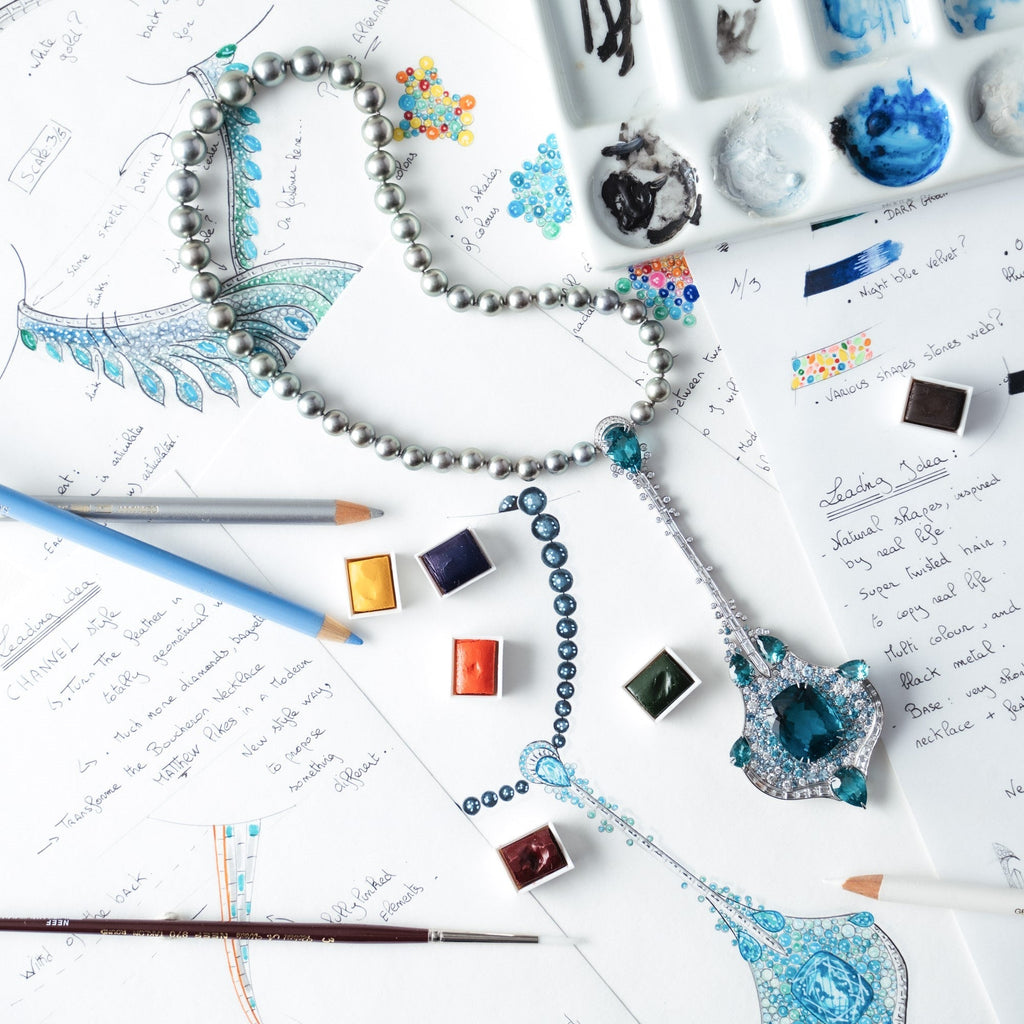 18ct White Gold, Apatite, Aquamarine, Zircon, Diamond & Tahitian Pearl Necklace.