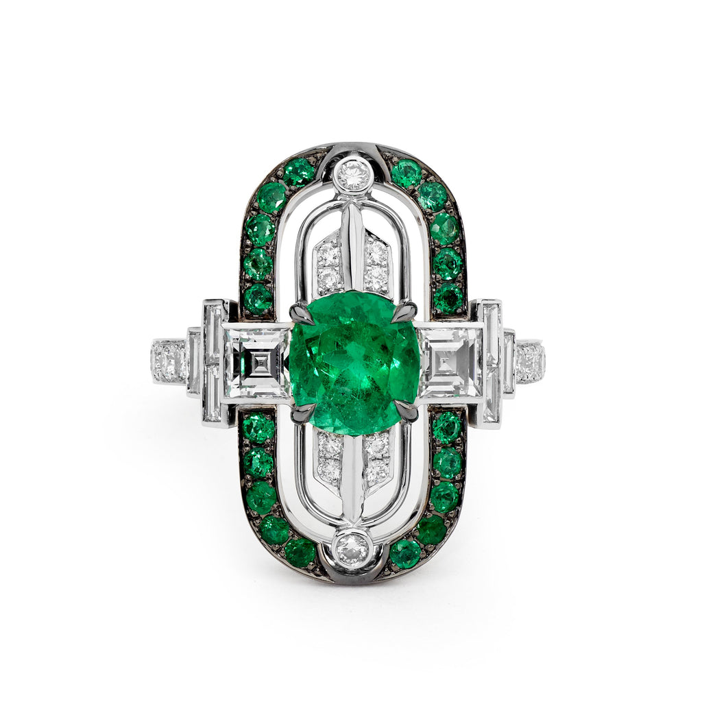 Handcrafted Art Deco style emerald ring 