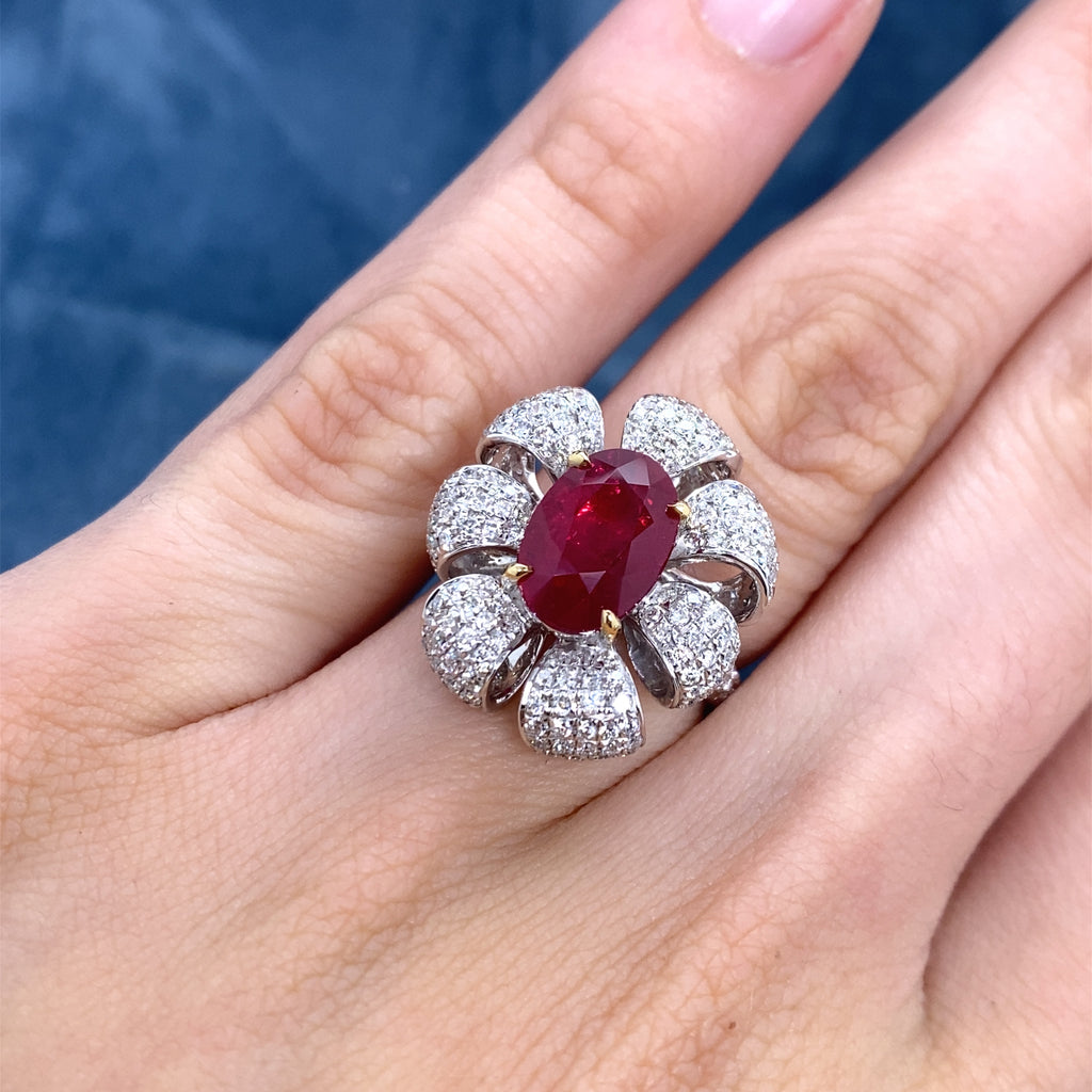 Custom Made Burmese Ruby & Diamond Flower Ring