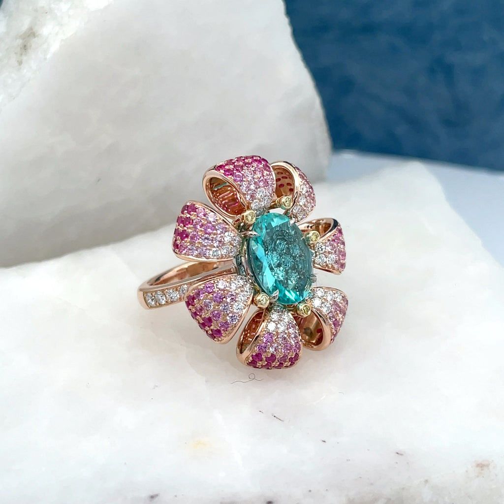 Custom made Paraiba tourmaline flower ring