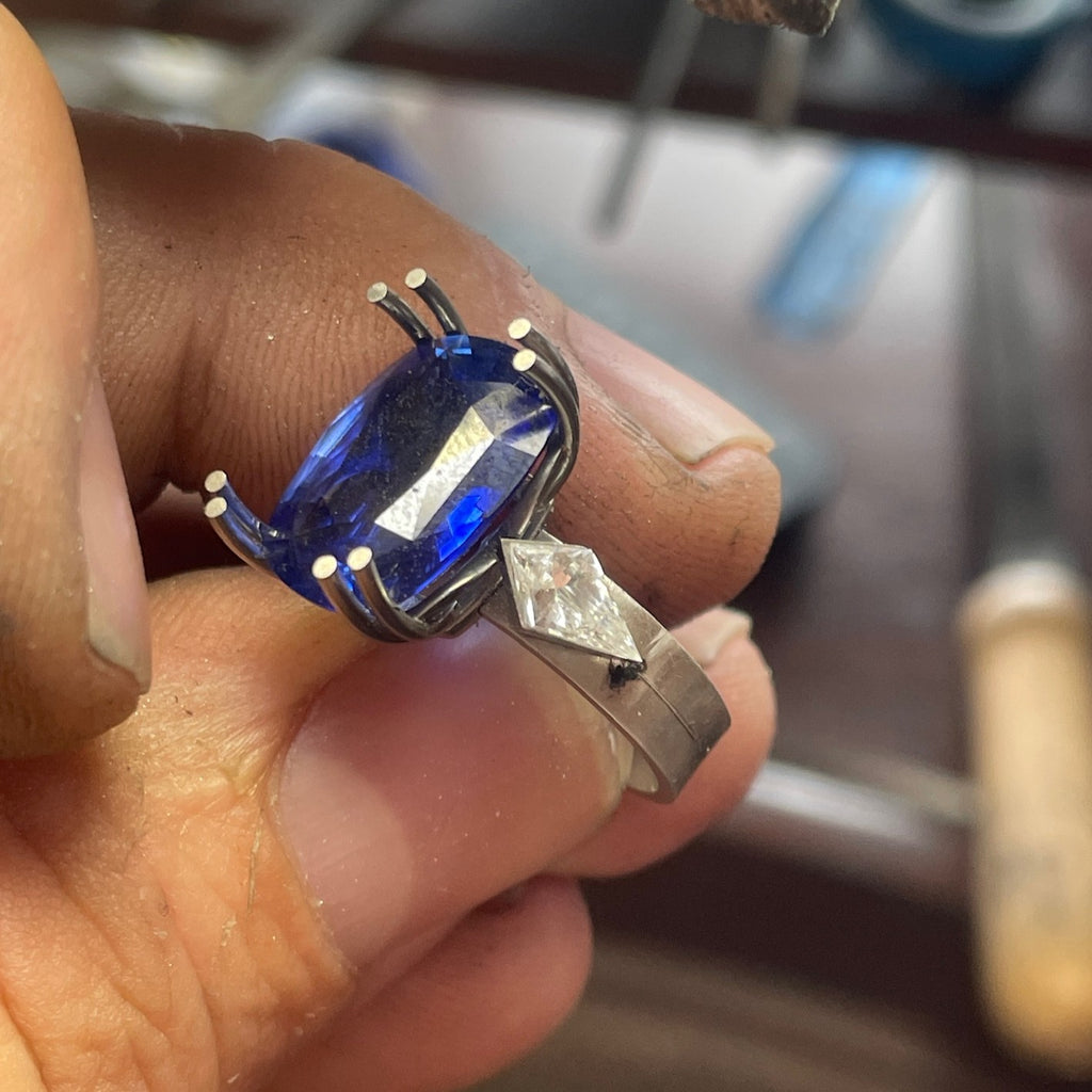 Custom handcrafted Ceylon Sapphire & Diamond Ring by Matthew Ely Jewellery