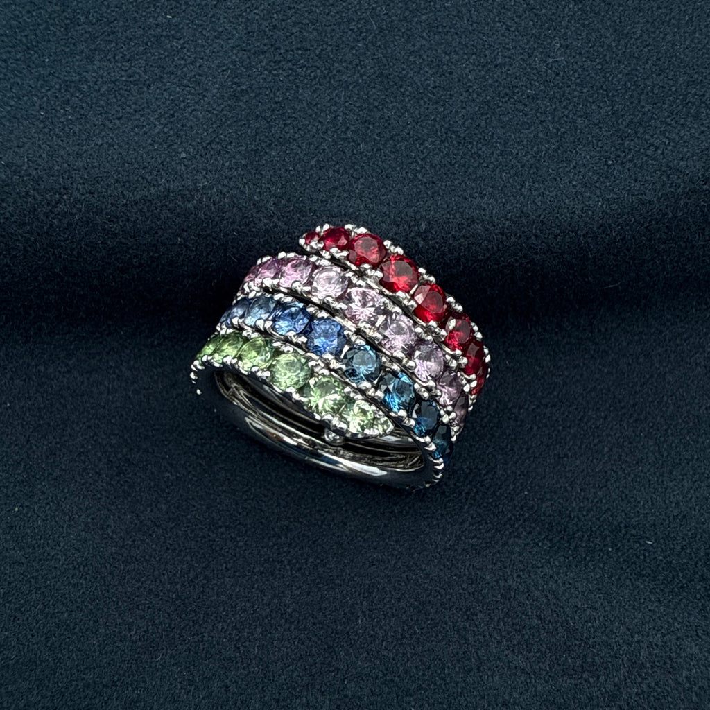 Custom Rainbow Sapphire, Ruby, Tsavorite & Diamond Ring