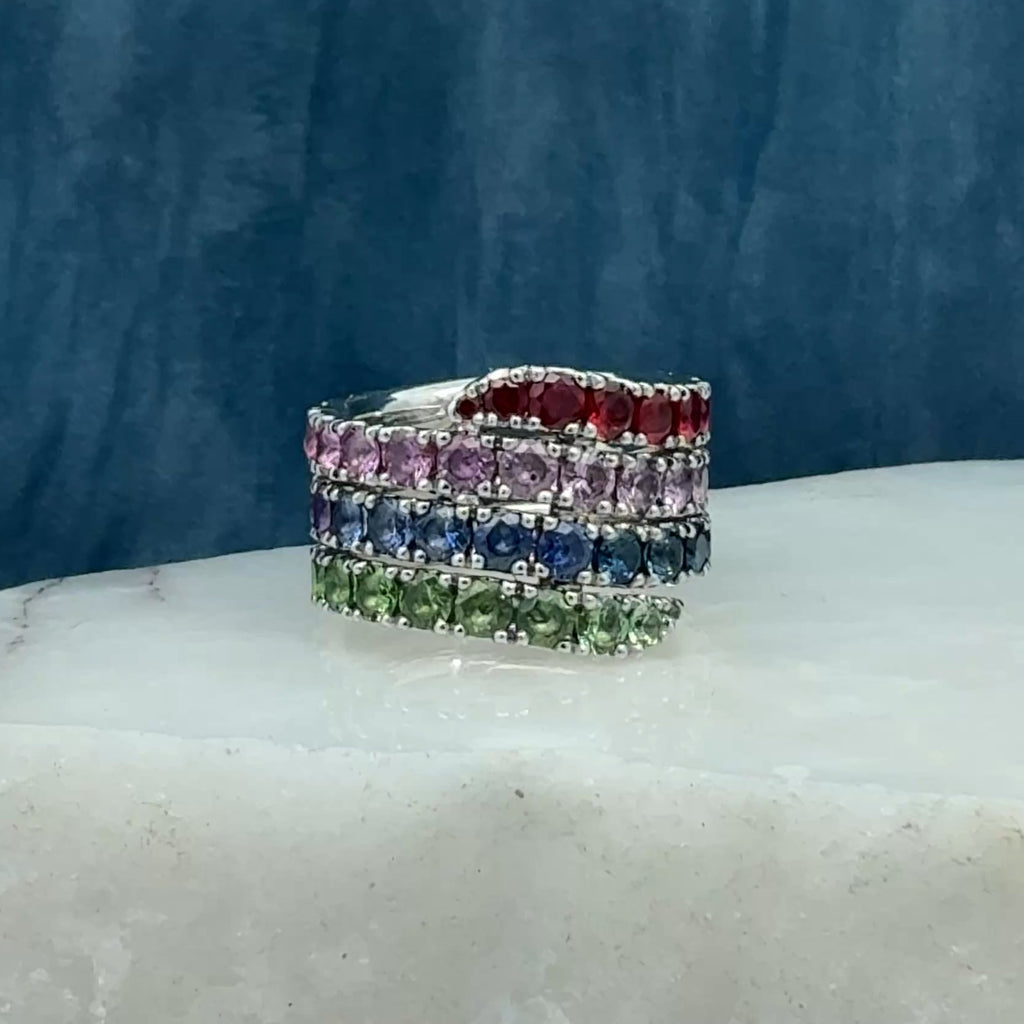 Wrap-Around Rainbow Sapphire, Ruby, Tsavorite & Diamond Ring