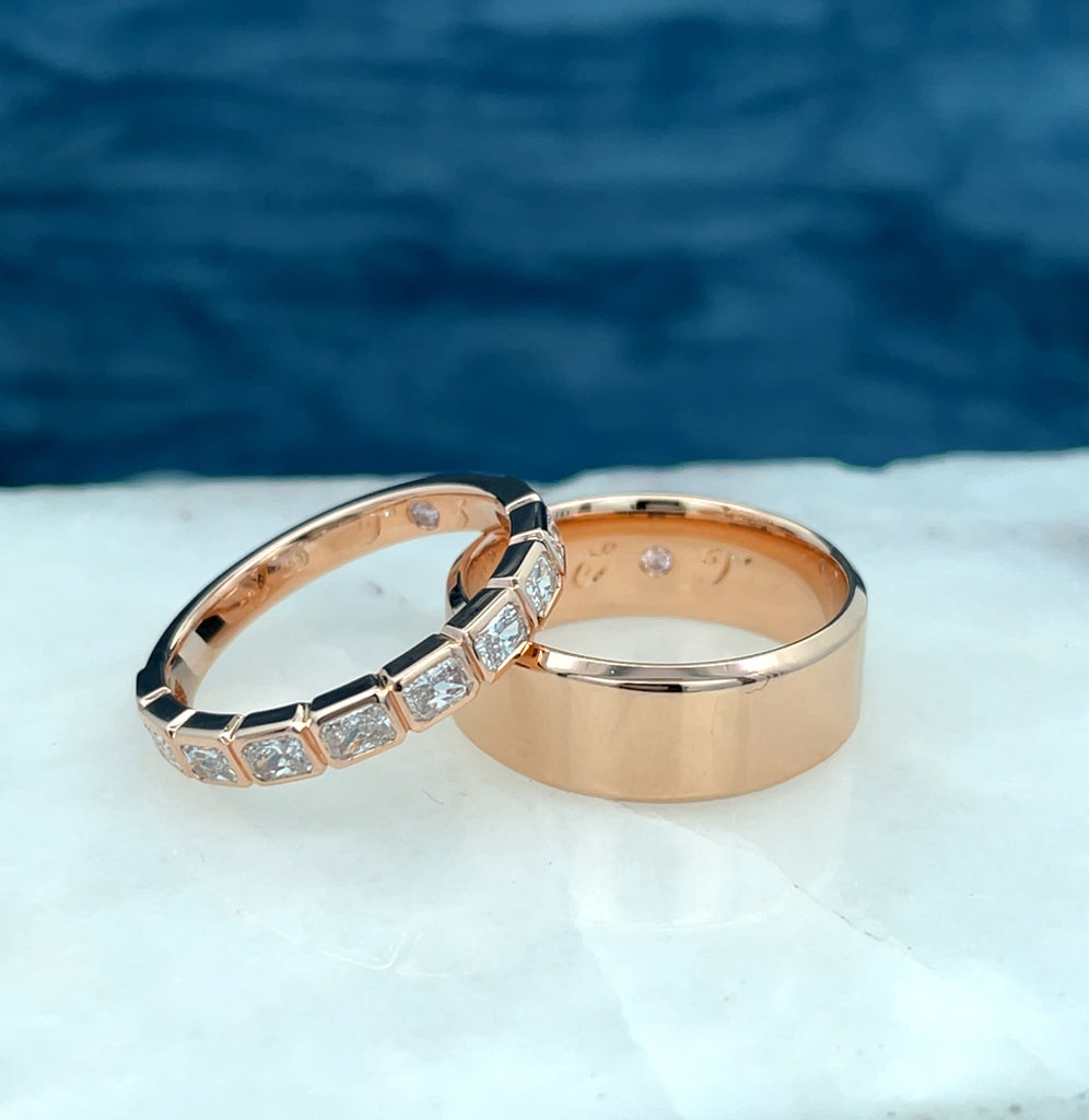 18ct Rose Gold & Pink Diamond Men's and Women's Wedding Bands