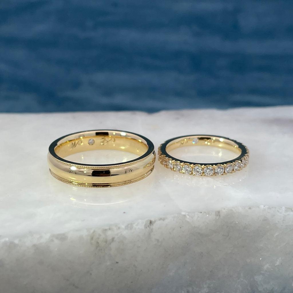 Custom Engraved 18ct Yellow Gold Women's & Men's Wedding Bands