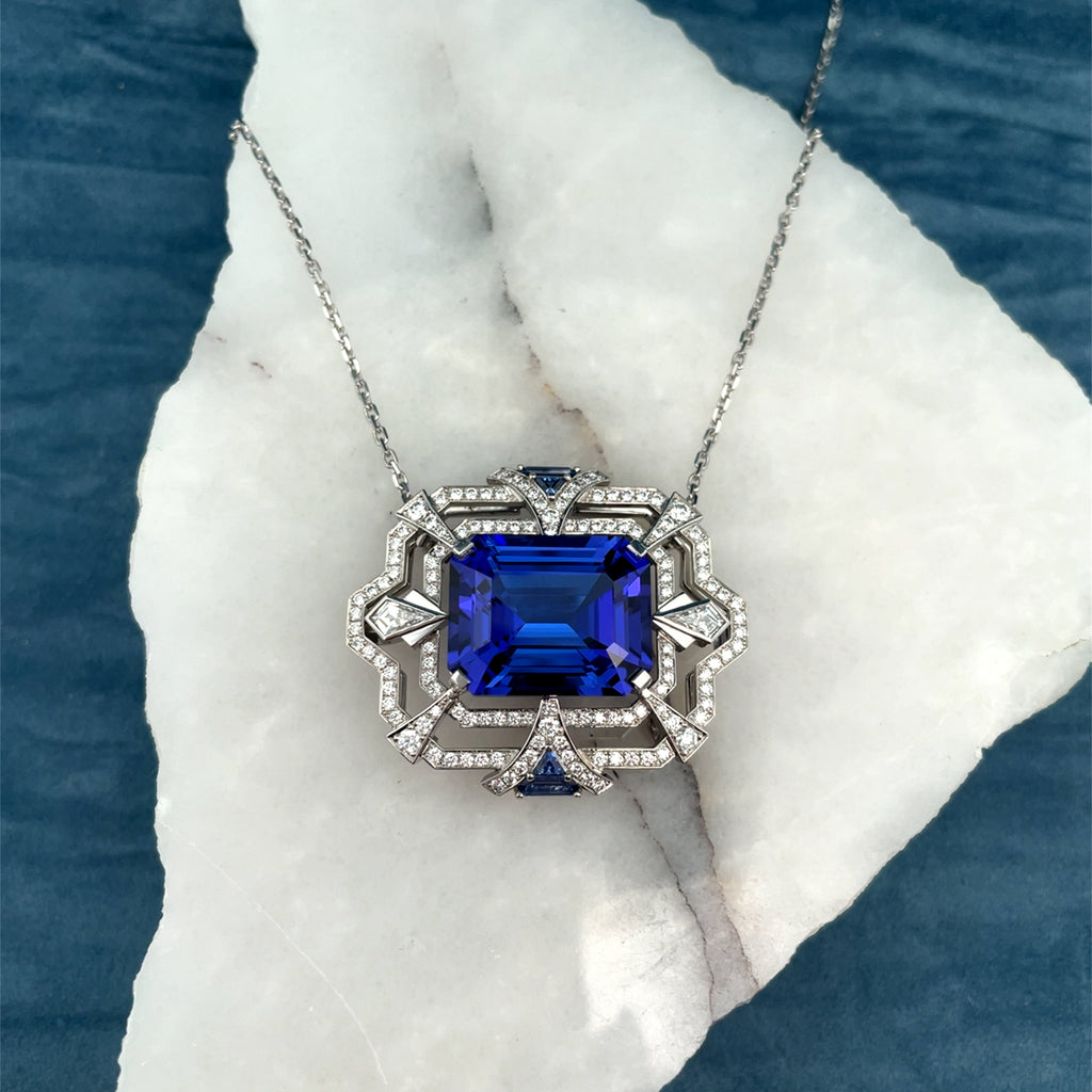 Art Deco Tanzanite, Sapphire & Diamond Necklace by Matthew Ely Jewellery