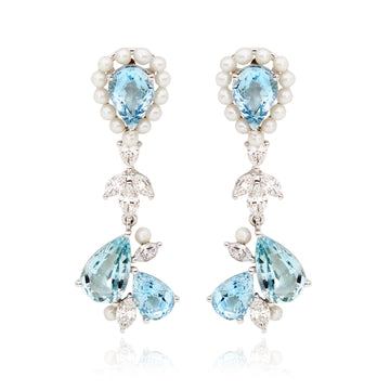 18ct White Gold, Aquamarine, Pearl and Diamond Earrings Jewellery Remake by Matthew Ely
