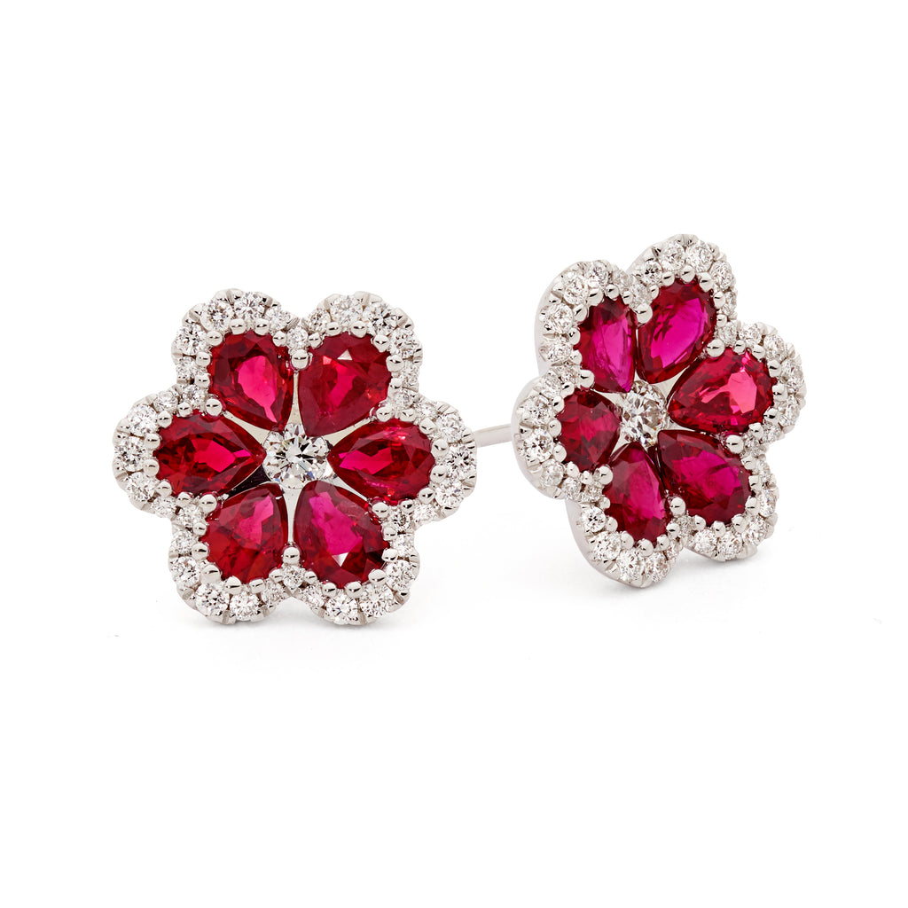 18ct White Gold, Ruby & Diamond Flower Stud Earrings