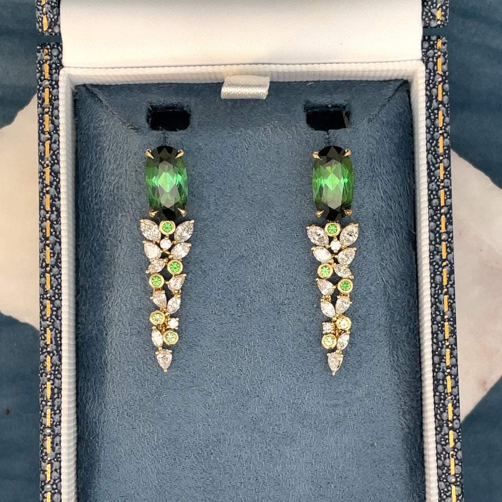 Green Tourmaline, Garnet & Diamond Earrings