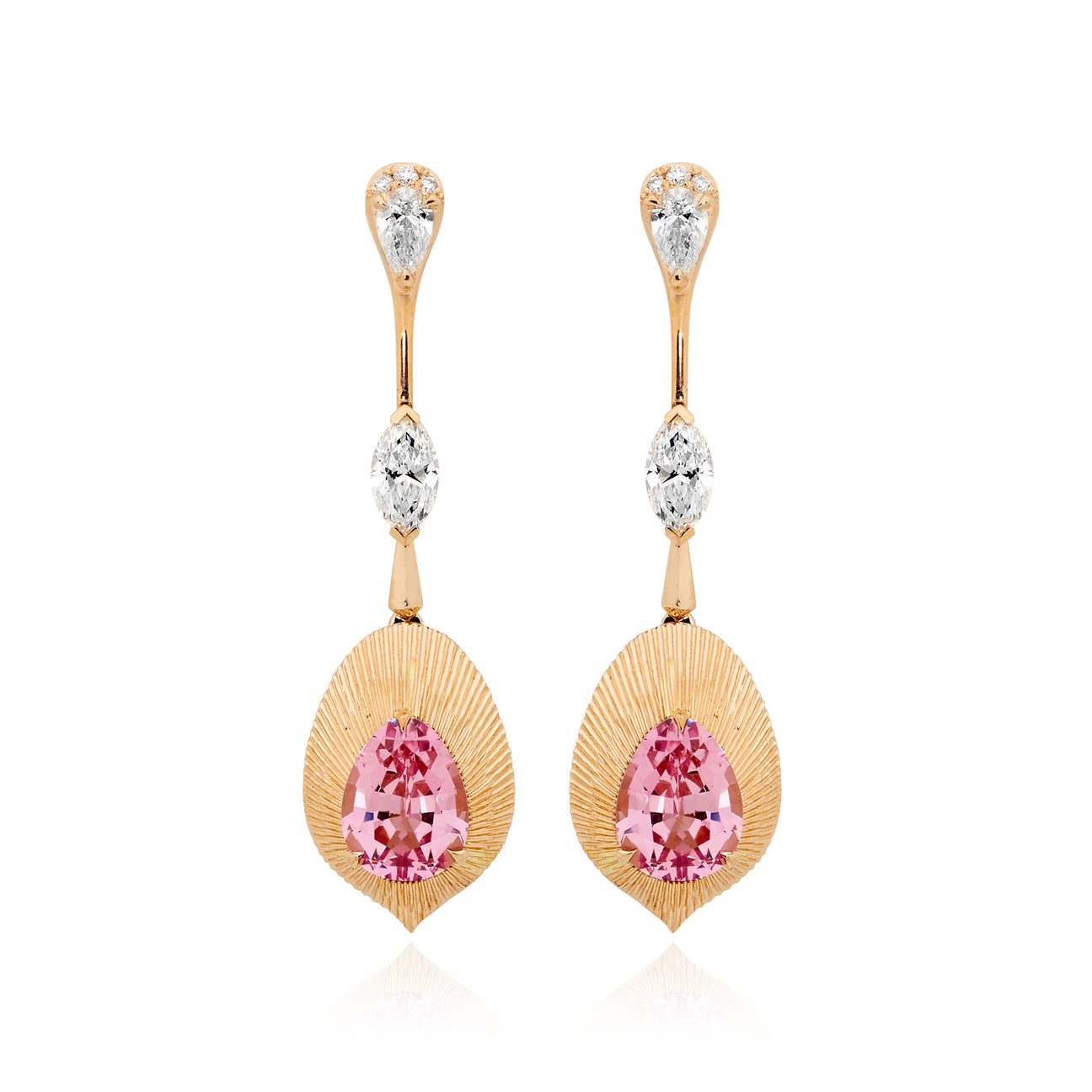Rose Gold, Pink Spinel & Diamond Drop Earrings by Matthew Ely Jewellery