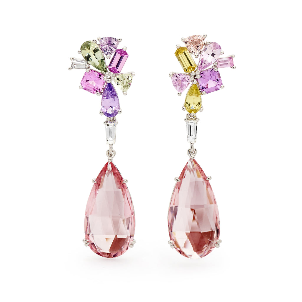 Morganite & Multi-Coloured Sapphire Earrings from Matthew Ely Jewellery