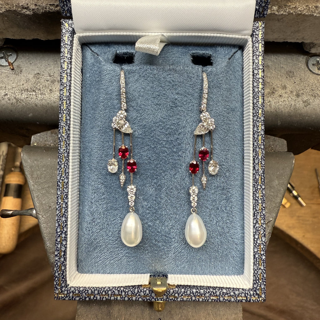 Custom Ruby, Diamond & Pearl Tassel Earrings
