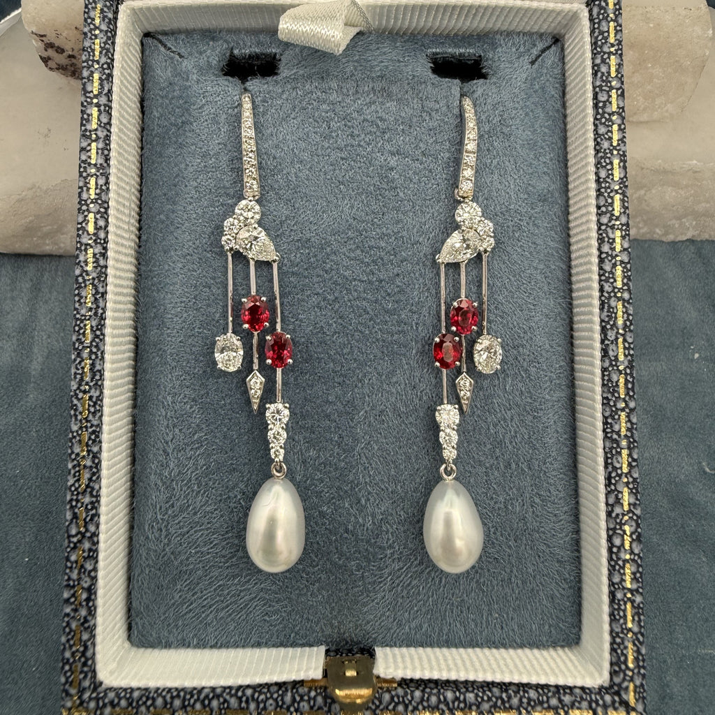 Custom Ruby, Diamond & Pearl Tassel Earrings