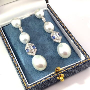 18ct White Gold, Pearl, Sapphire & Diamond Drop Earrings