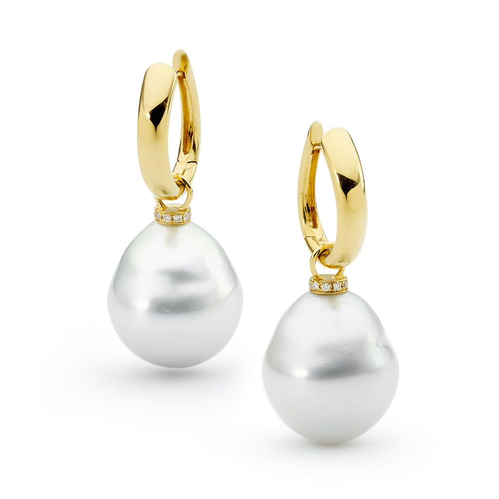 18ct Yellow Gold, Baroque Pearl and diamond earrings