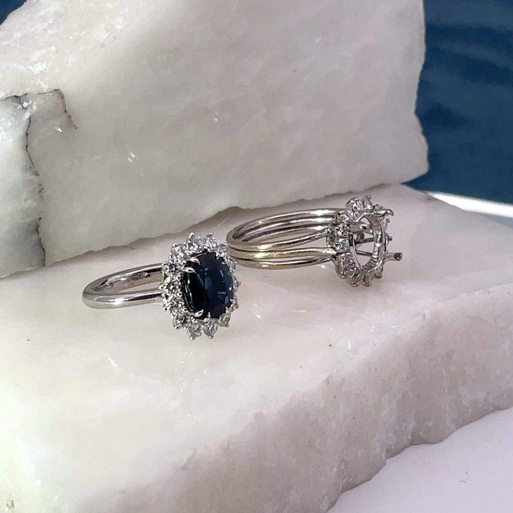 Art Deco Oval Sapphire & Diamond Halo Cluster Ring Remake
