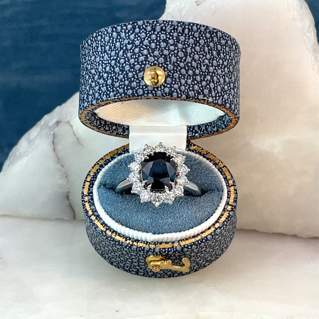 Art Deco Oval Sapphire & Diamond Halo Cluster Ring