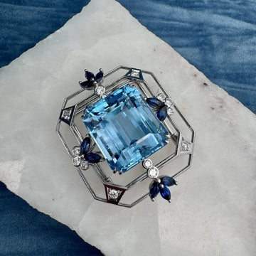 Aquamarine, Sapphire & Diamond Art Deco Brooch Pendant | Custom Made by Matthew Ely Jewellery