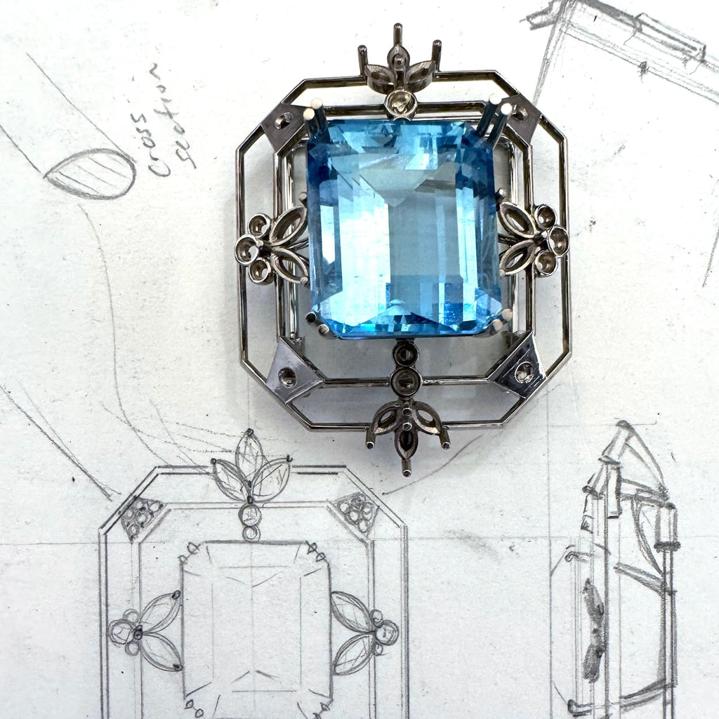 Aquamarine, Sapphire & Diamond Art Deco Brooch Pendant | Custom Made by Matthew Ely Jewellery