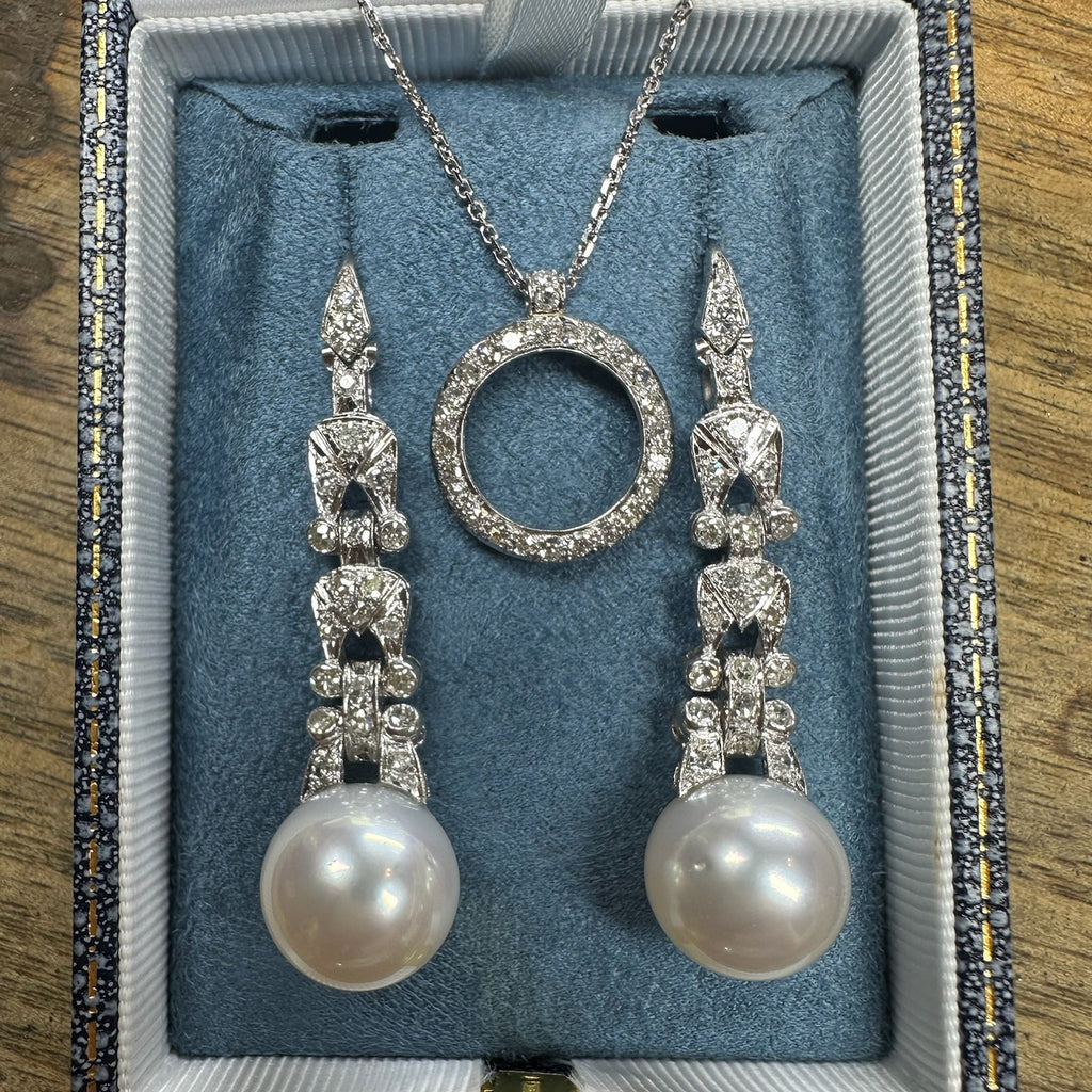 Vintage Watch Remade into Pearl Earrings & Diamond Necklace
