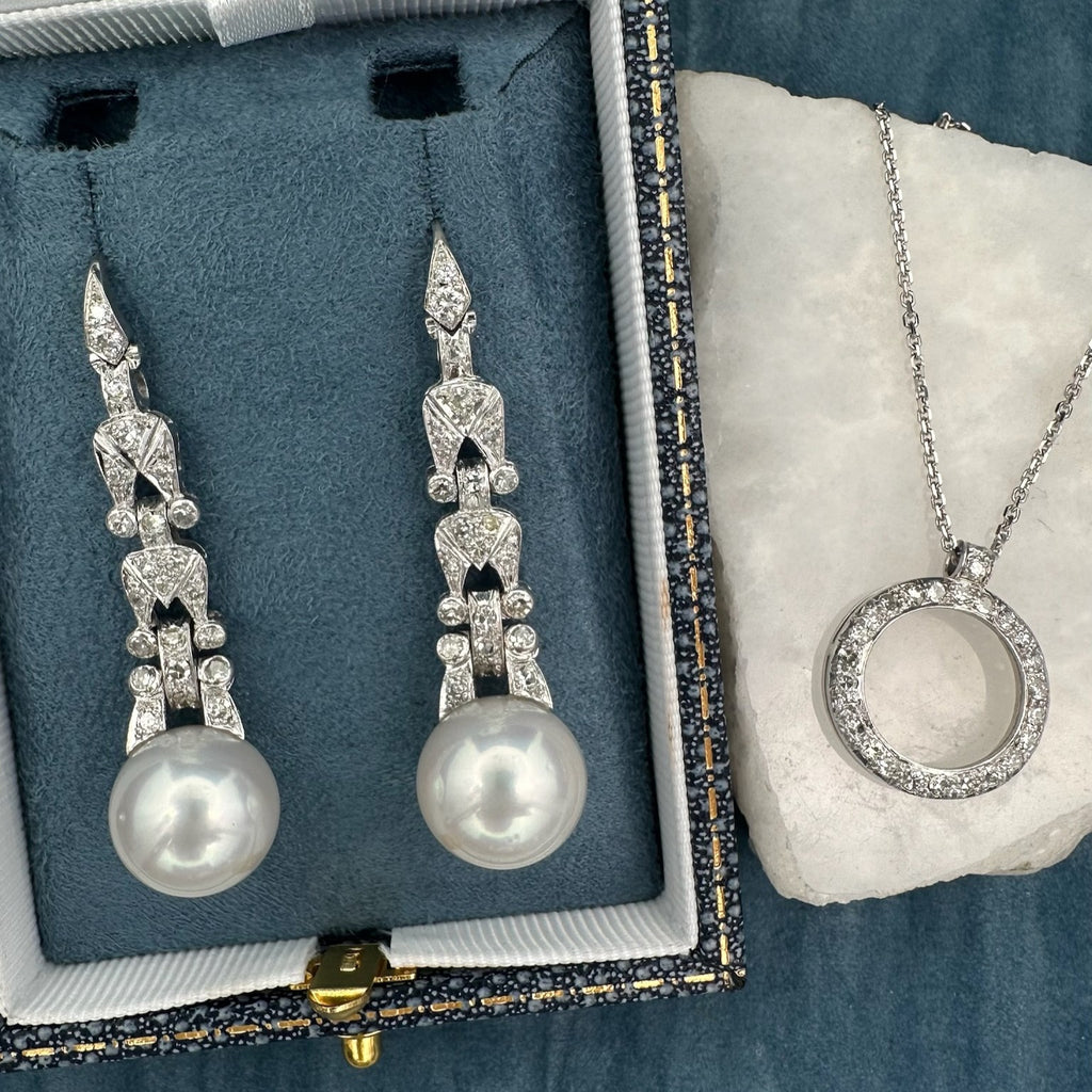 Vintage Watch Remade into Pearl Earrings & Diamond Necklace