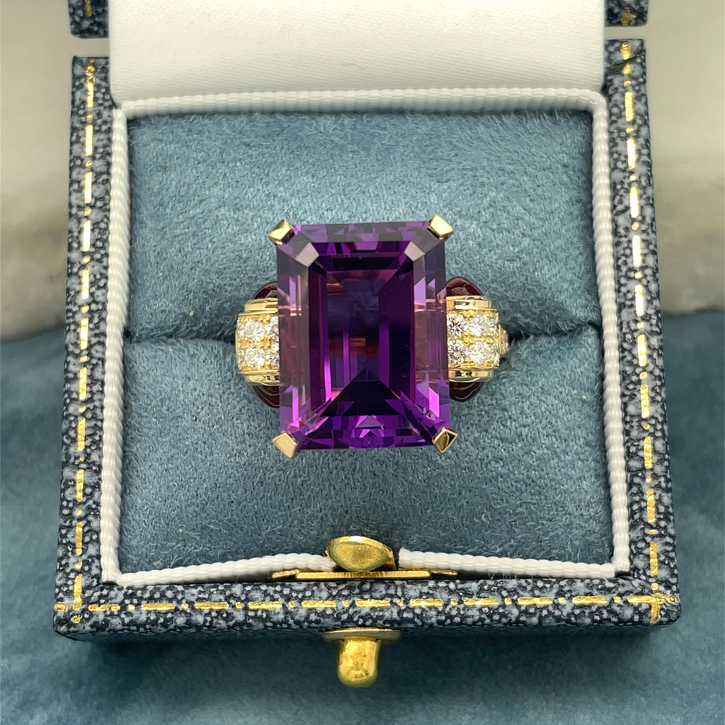 Amethyst, Ruby & Diamond Art Deco Ring Bespoke Jewellery