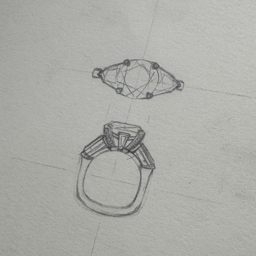 Sketch of a custom made 6.53ct diamond engagement ring
