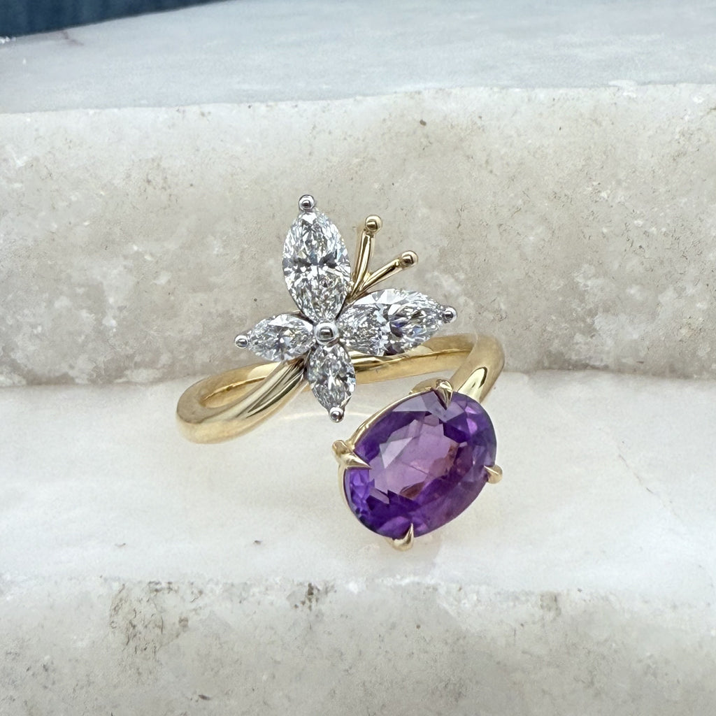 Oval Amethyst & Diamond Butterfly Ring