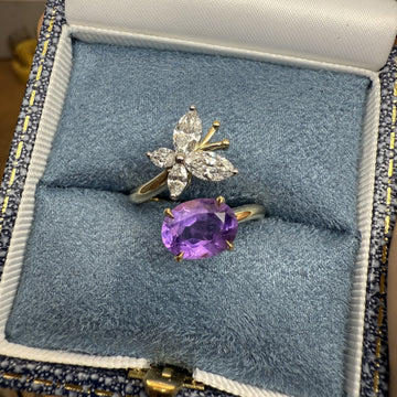 Oval Amethyst & Diamond Butterfly Ring
