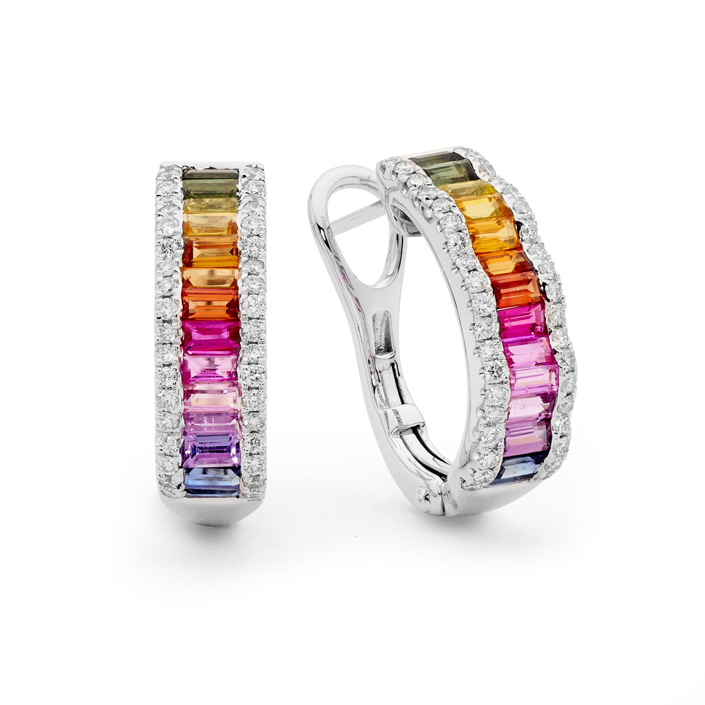 Rainbow Sapphire & Diamond Hoop Earrings