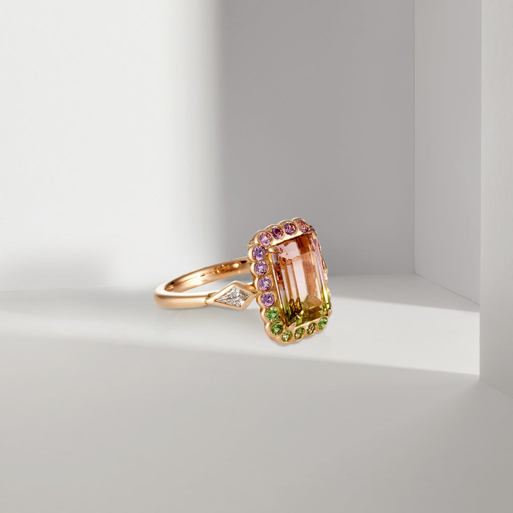 18ct Rose Gold, Diamond & Bi-Colour Tourmaline Ring