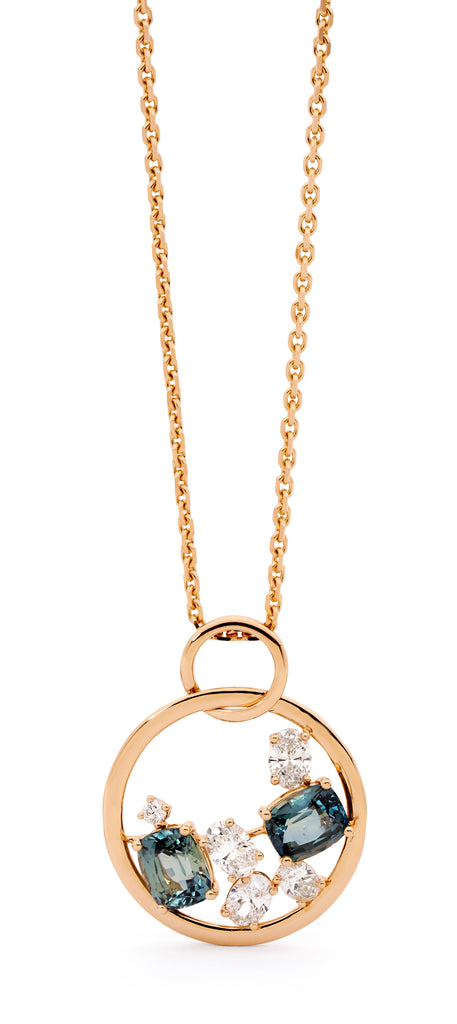 18ct Rose Gold, Teal Sapphire & Diamond Pendant