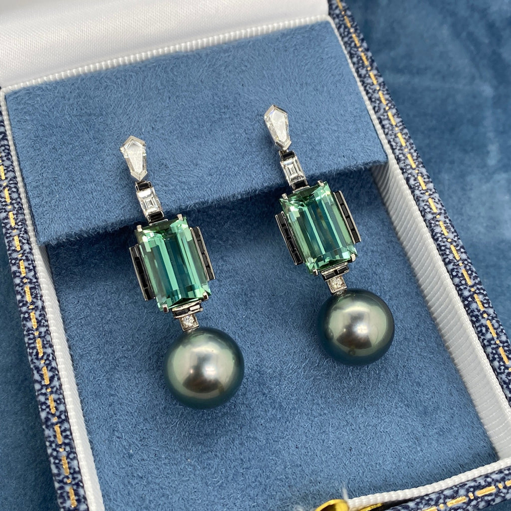 18ct Tourmaline, Tahitian Pearl & Diamond Earrings 