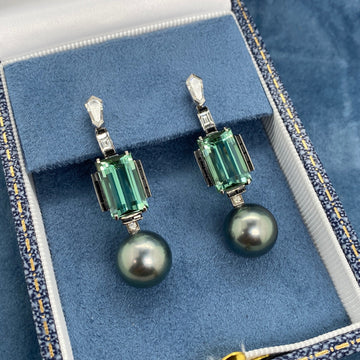 18ct Tourmaline, Tahitian Pearl & Diamond Earrings 