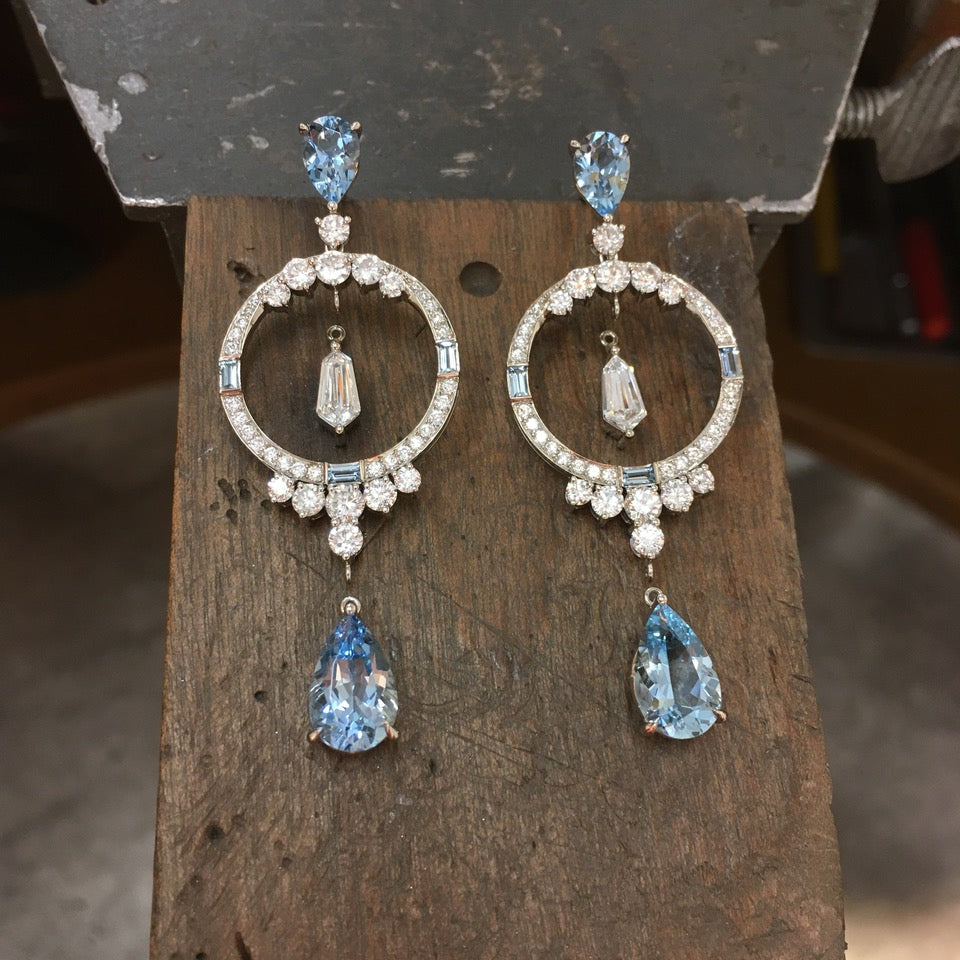 18ct White Gold, Aquamarine & Diamond Drop Earrings