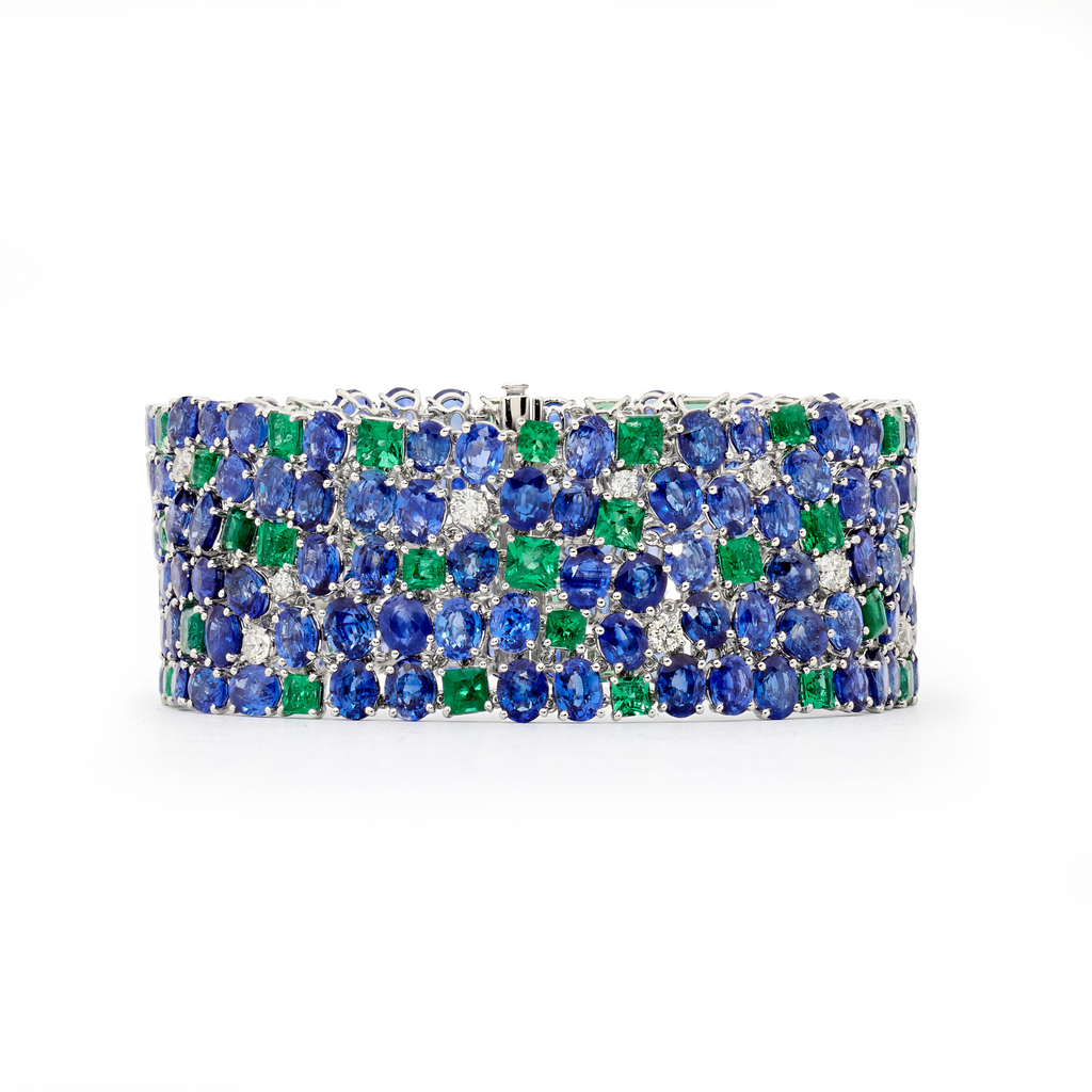 18ct White Gold, Diamond, Emerald & Blue Sapphire Bracelet