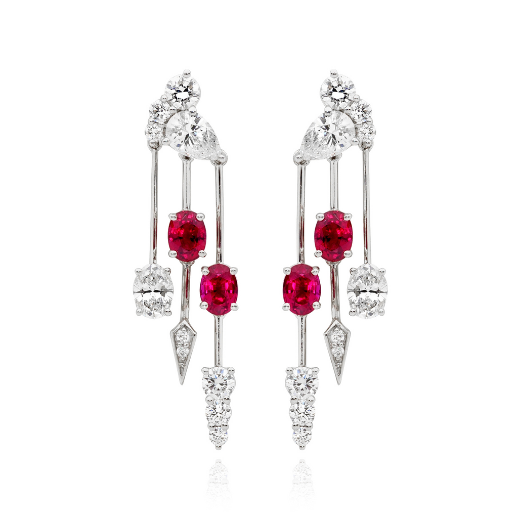 18ct White Gold, Diamond & Ruby Tassel Earrings by Matthew Ely Jewellery