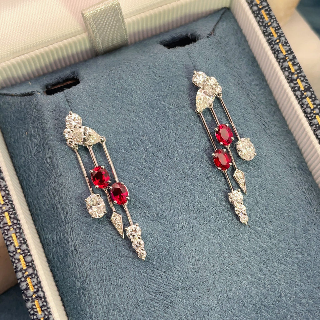 18ct White Gold, Diamond & Ruby Tassel Earrings by Matthew Ely Jewellery