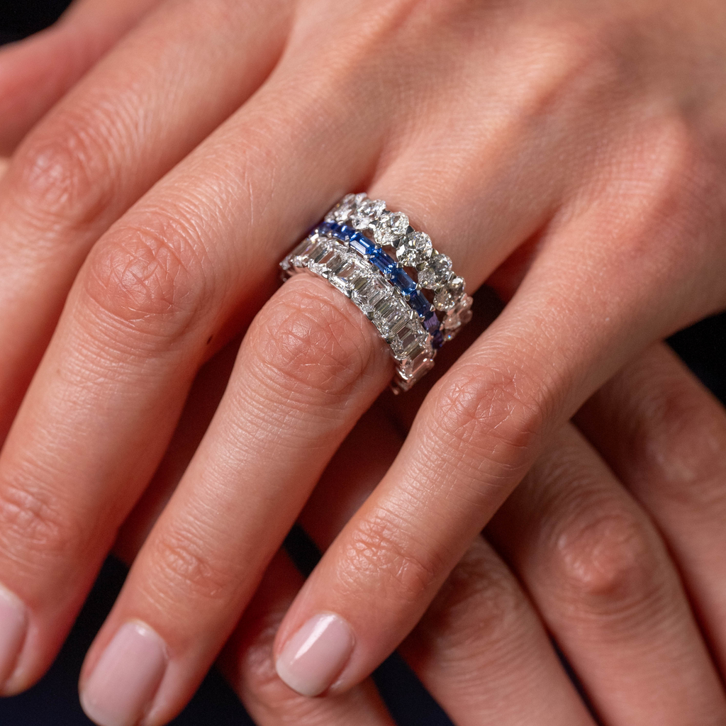 18ct White Gold & Emerald-Cut Diamond Eternity Ring by Matthew Ely Jewellery Layered