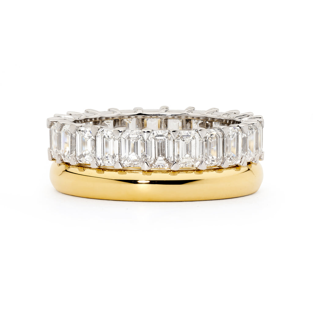 18ct White Gold & Emerald-Cut Diamond Eternity Ring stacked with gold ring
