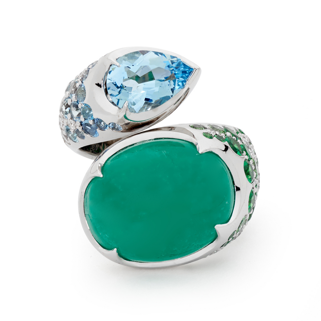 18ct White Gold, Emerald Cabochon & Aquamarine Ring Handcrafted by Matthew Ely Jewellery